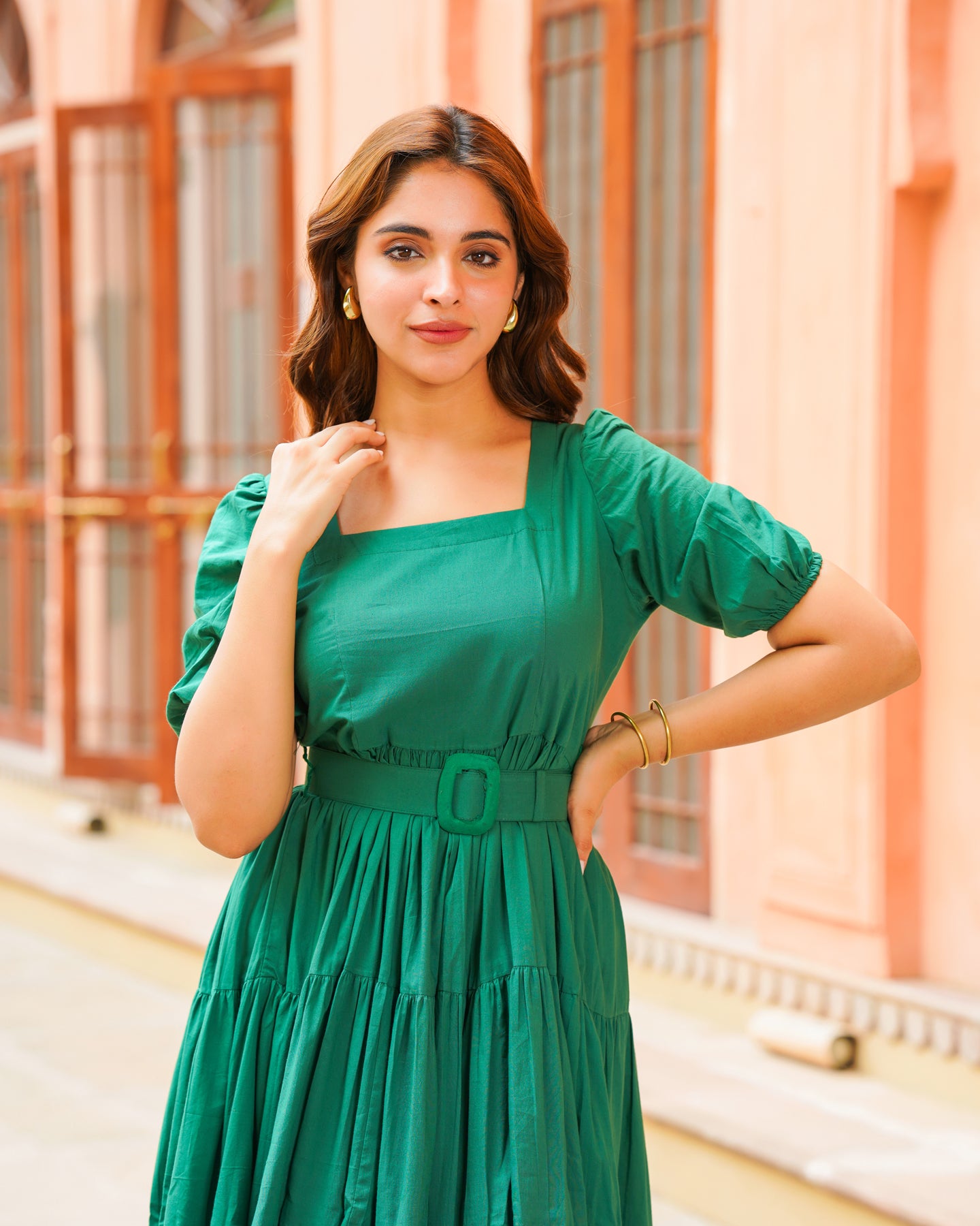 Ambraee Emerald Green Cotton Tiered Dress for Women | Square Neck Elbow Sleeve Midi Dress | Casual Solid Green Dress Ambraee Emerald Green Cotton Tiered Dress for Women | Square Neck Elbow Sleeve Midi Dress | Casual Solid Green Dress