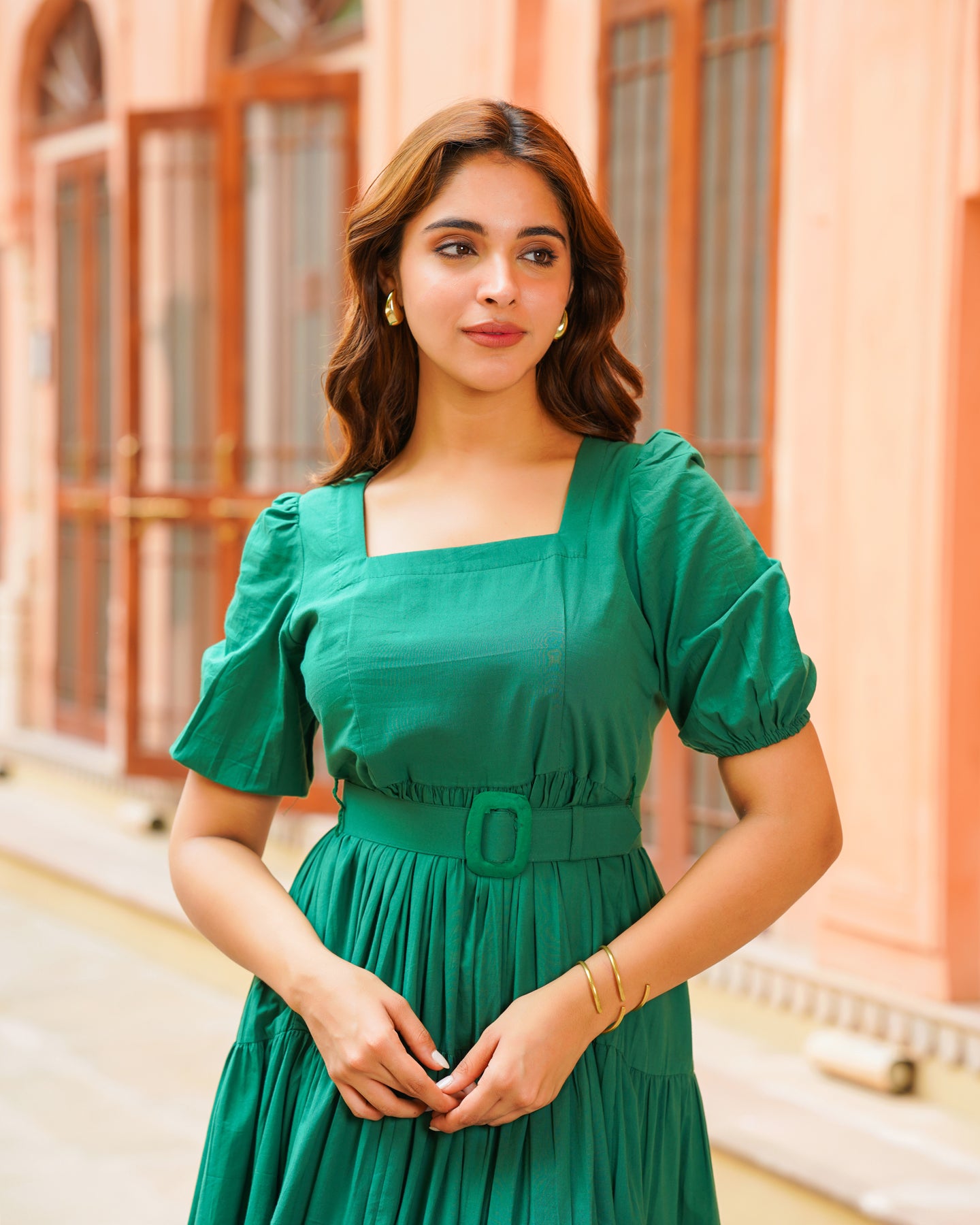 Ambraee Emerald Green Cotton Tiered Dress for Women | Square Neck Elbow Sleeve Midi Dress | Casual Solid Green Dress Ambraee Emerald Green Cotton Tiered Dress for Women | Square Neck Elbow Sleeve Midi Dress | Casual Solid Green Dress