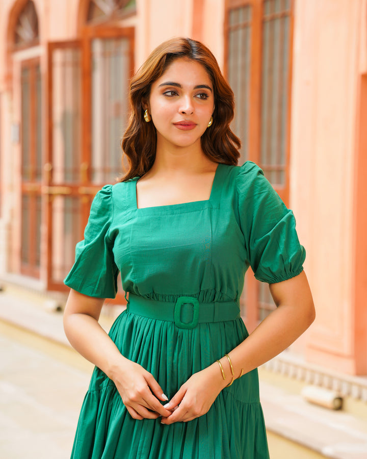 Emerald Green Solid Tiered Dress