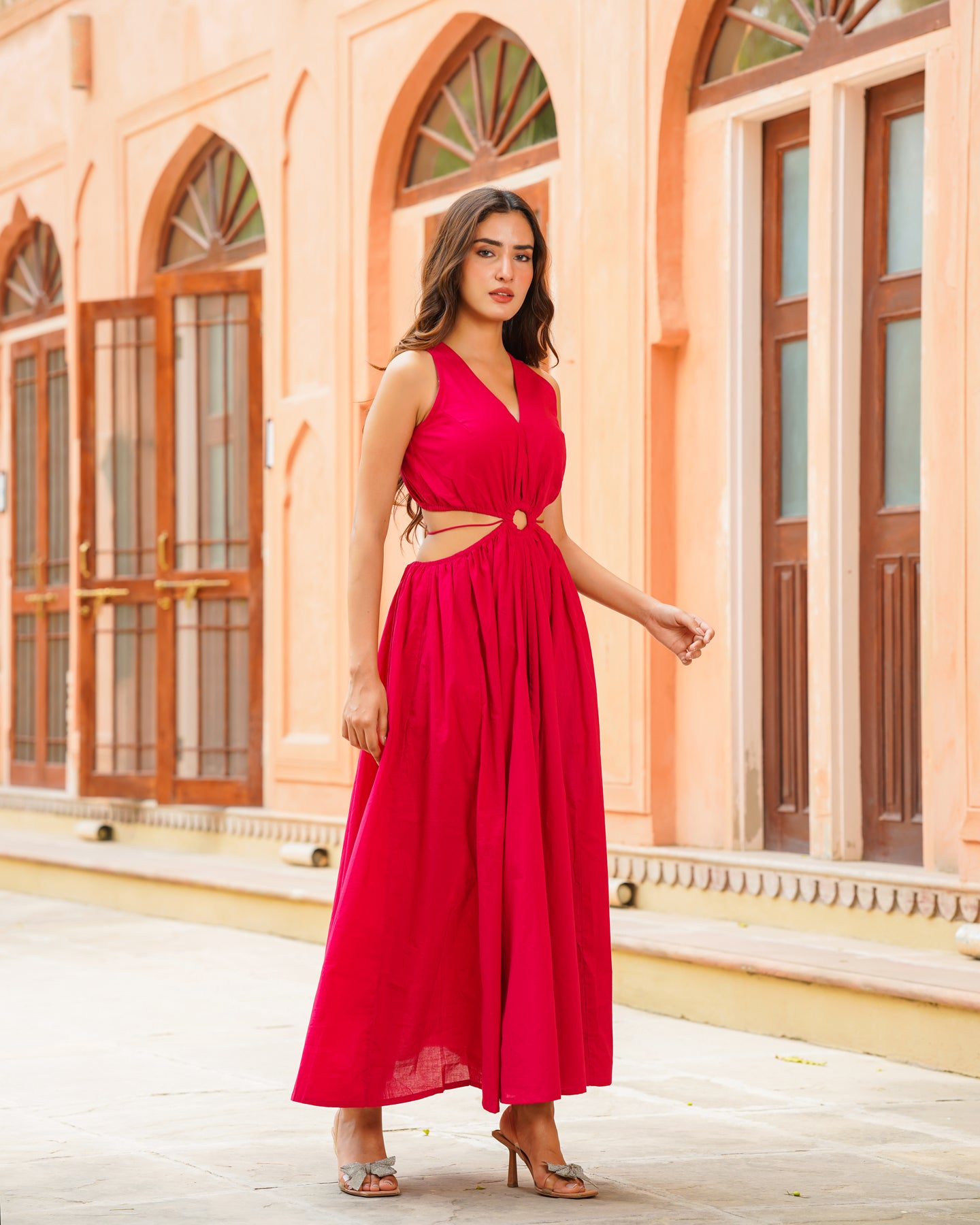 Ambraee Red Cut-out Cotton Maxi Dress for Women | V-Neck Sleeveless Gathered Dress