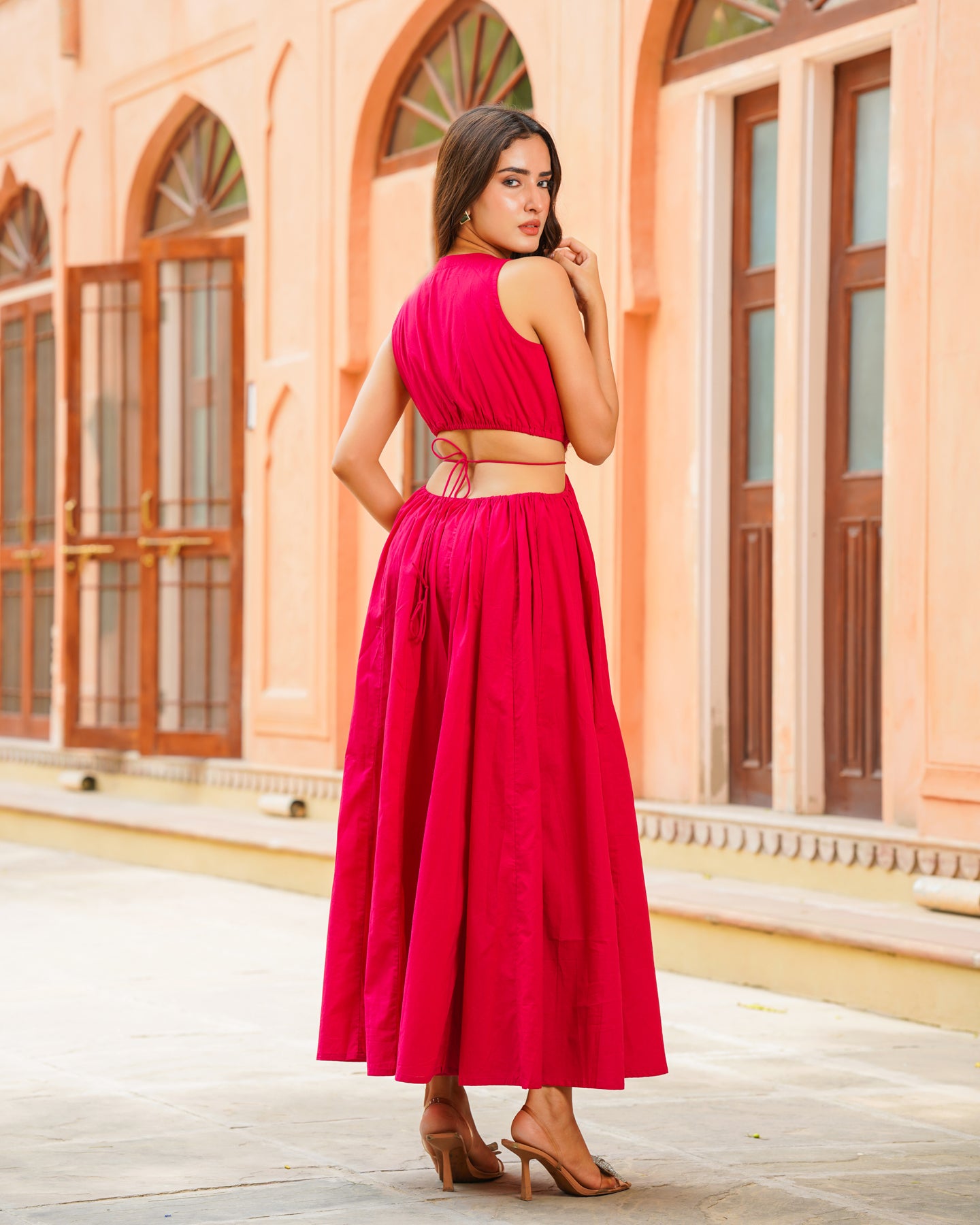 Ambraee Red Cut-out Cotton Maxi Dress for Women | V-Neck Sleeveless  Gathered Dress | Bold Casual Long Dress Women