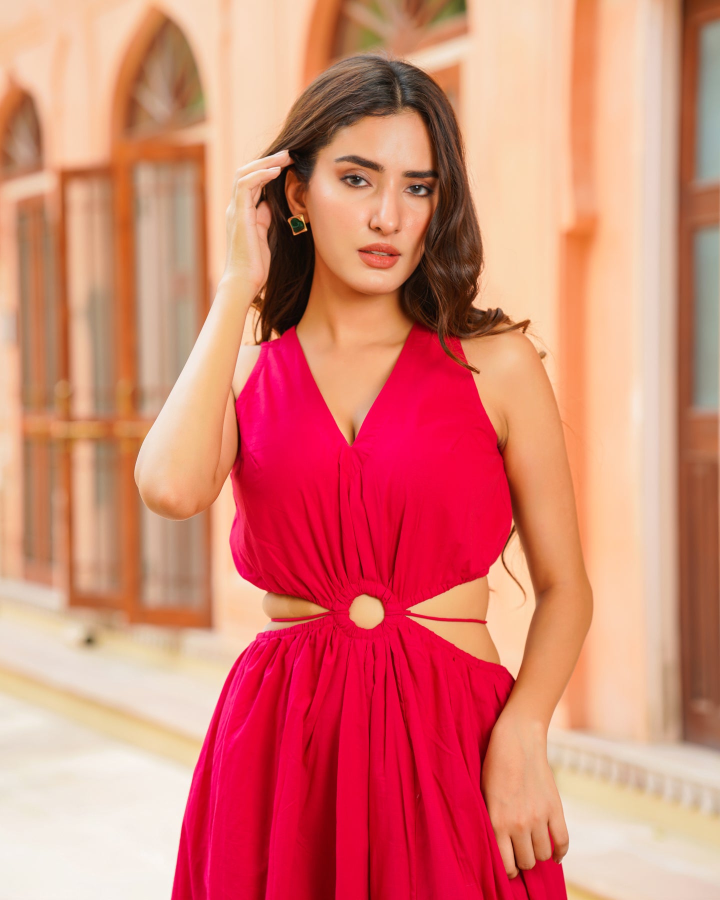 Red Cut-out Solid Dress XS AMERI LUXURY BALLON HEM CUT DRESS