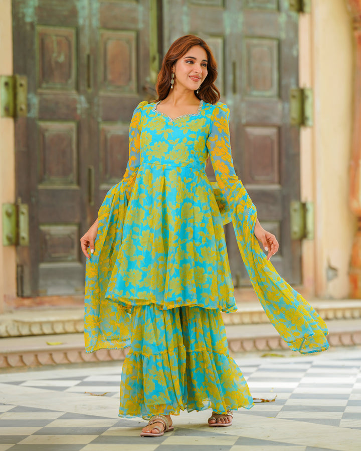 Blue Floral Kalidaar Suit Set