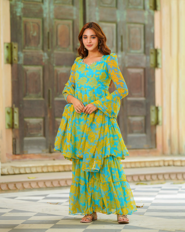 Blue Floral Kalidaar Suit Set