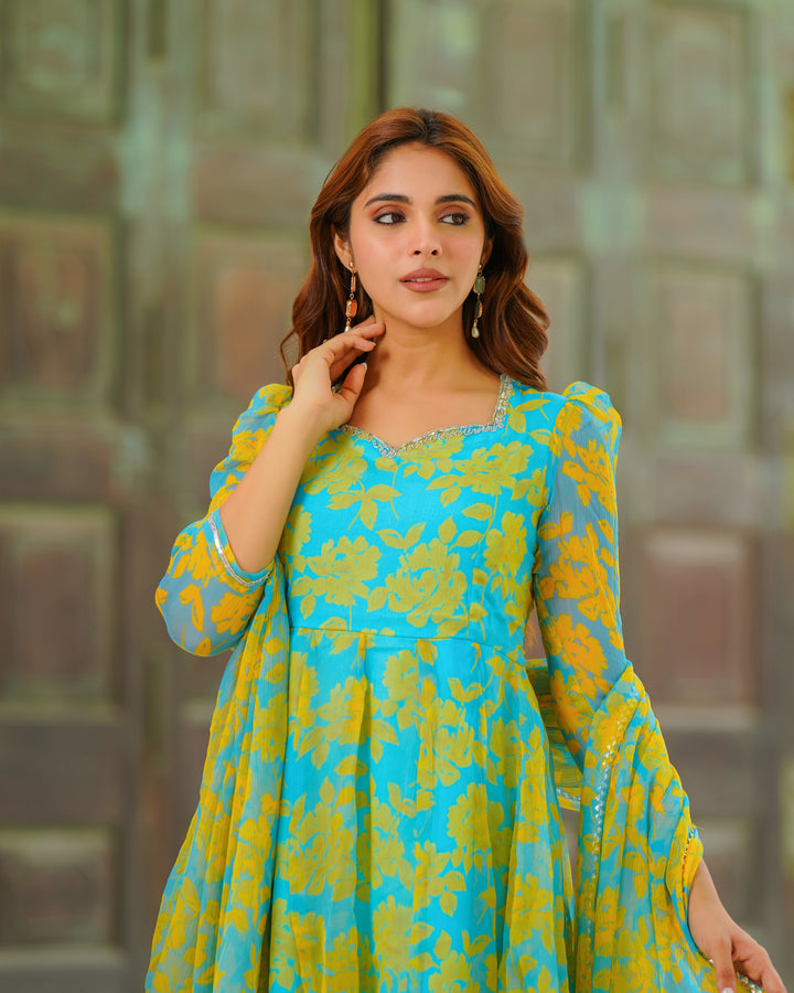 Blue Floral Kalidaar Suit Set