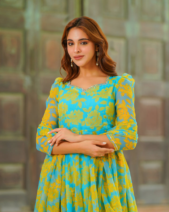 Blue Floral Kalidaar Suit Set