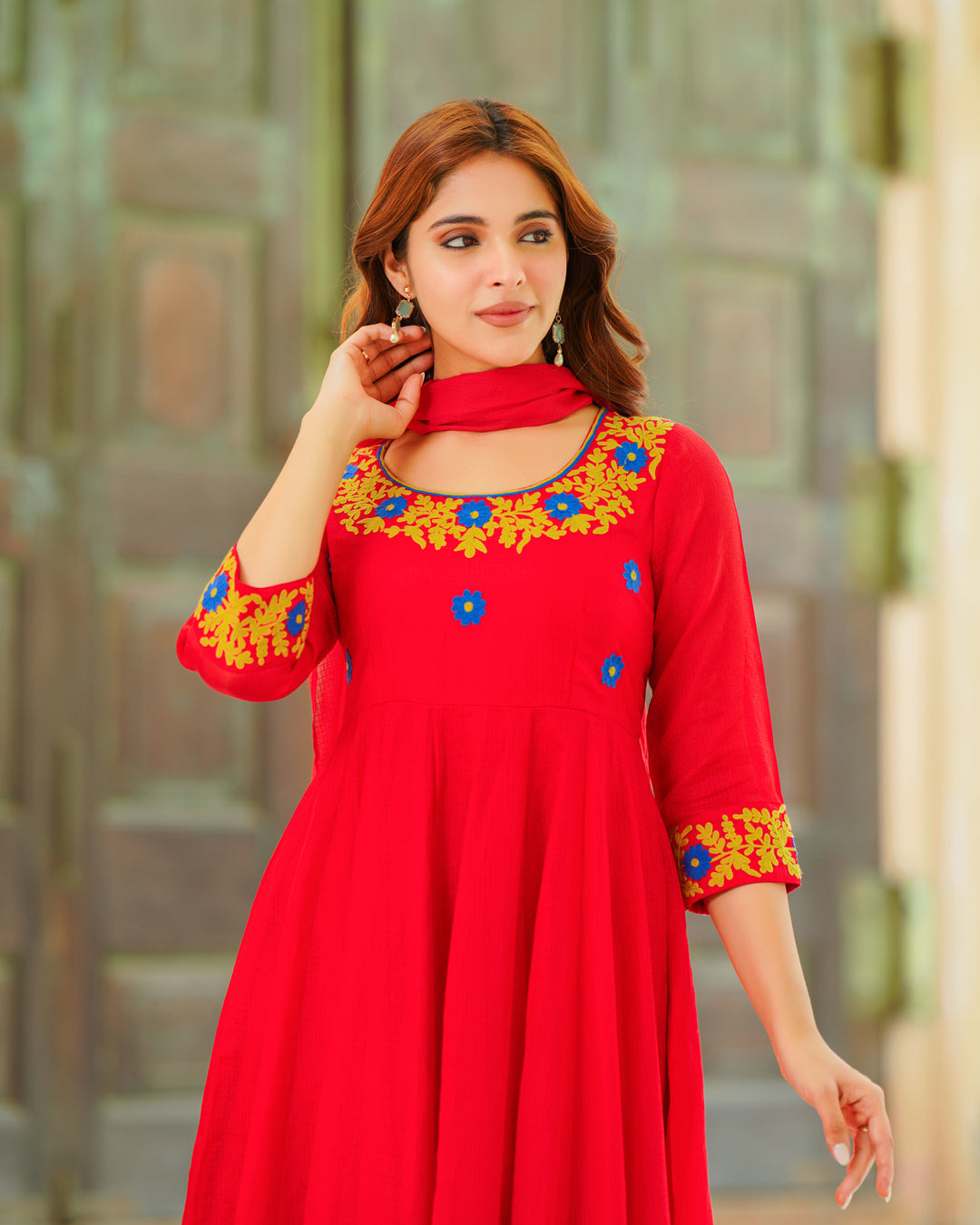 Red Embroidered Anarkali Suit Set