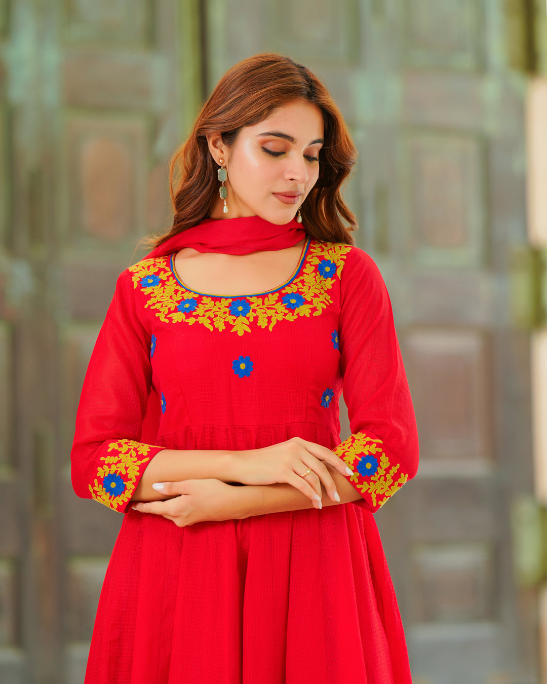 Red Embroidered Anarkali Suit Set