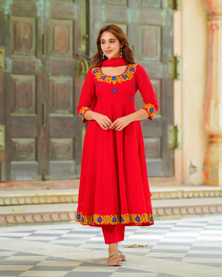 Red Embroidered Anarkali Suit Set