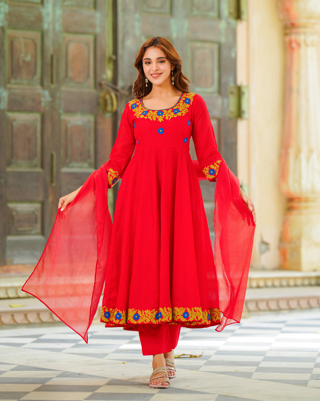 Red Embroidered Anarkali Suit Set