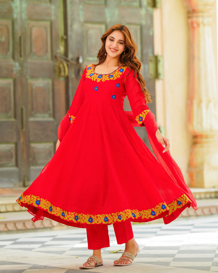 Red Embroidered Anarkali Suit Set