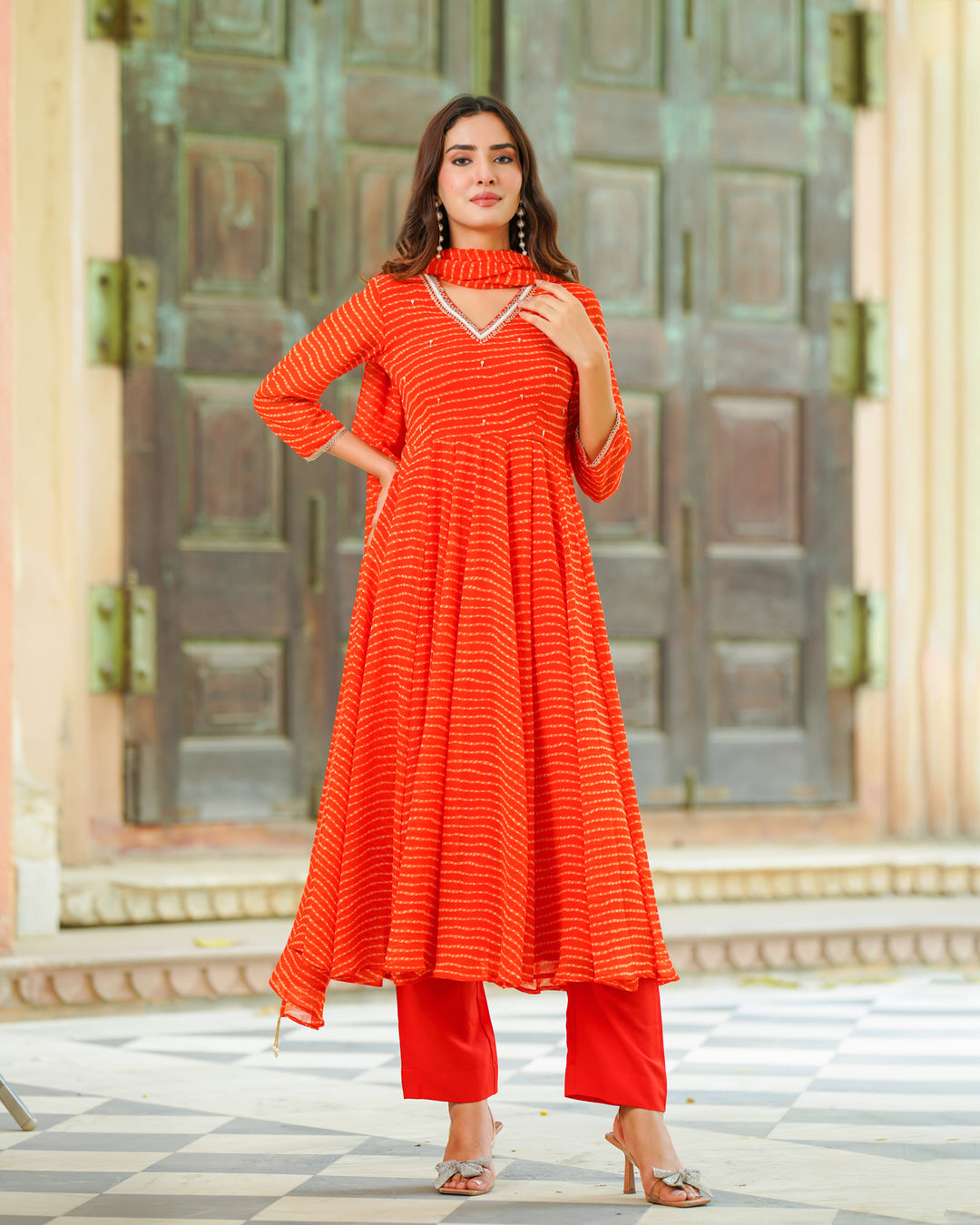 Orange Leheriya Chiffon Suit Set