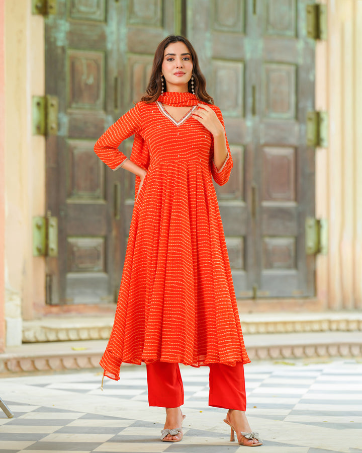 Orange Leheriya Chiffon Suit Set