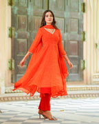 Orange Leheriya Chiffon Suit Set