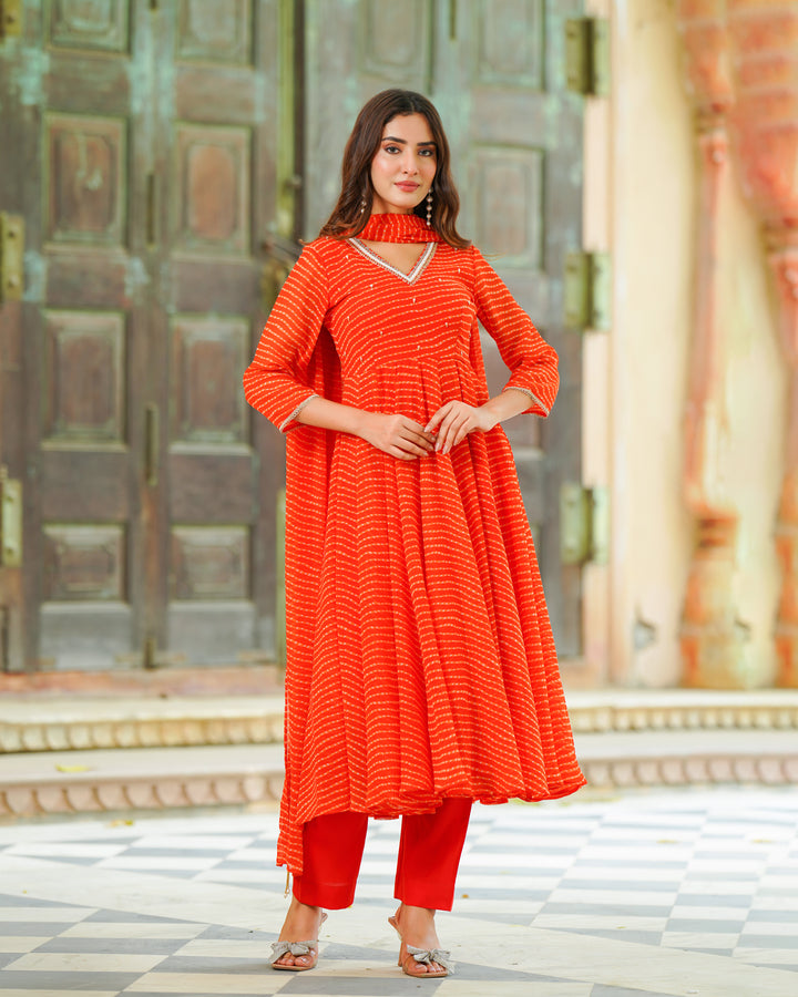 Orange Leheriya Chiffon Suit Set