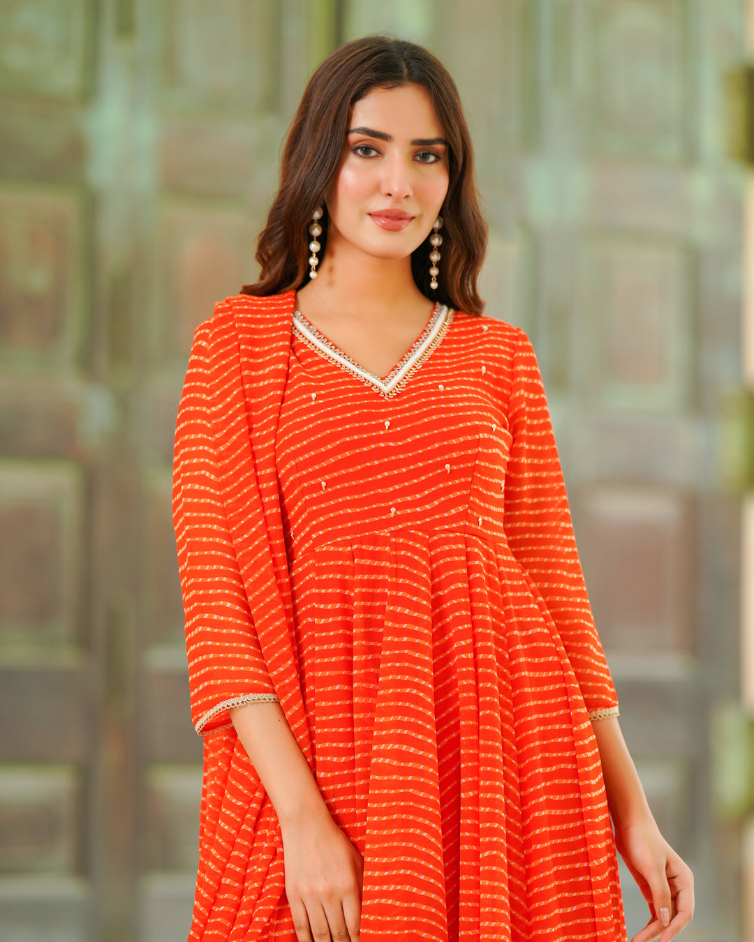 Orange Leheriya Chiffon Suit Set