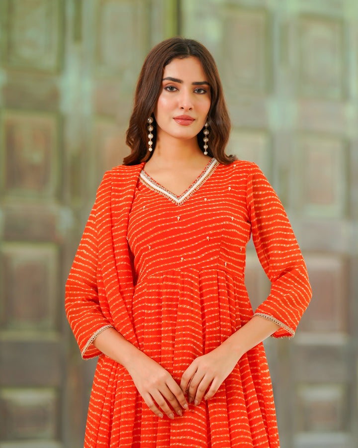 Orange Leheriya Chiffon Suit Set