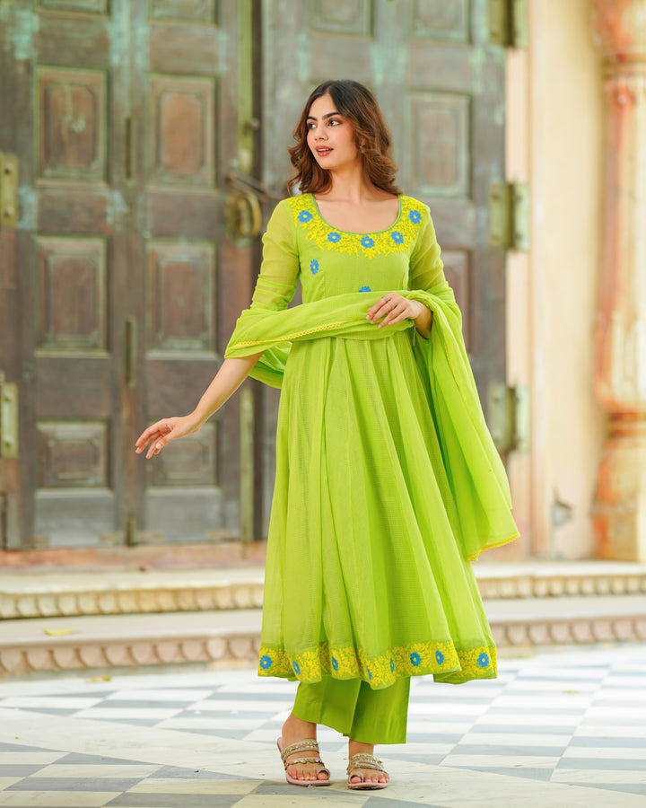 Lime Green Embroidered Suit Set