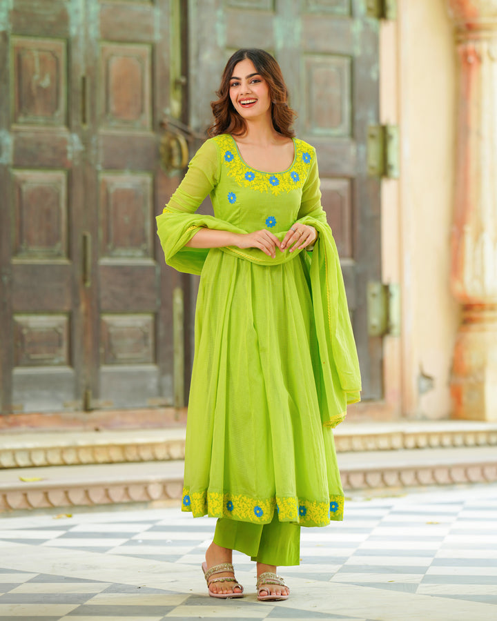 Lime Green Embroidered Suit Set