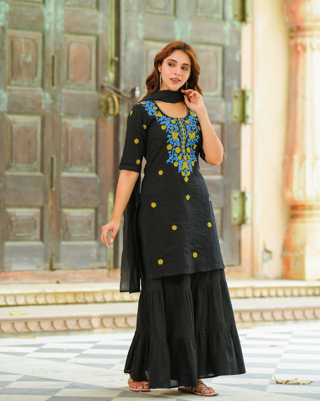 Black Embroidered Sharara Set