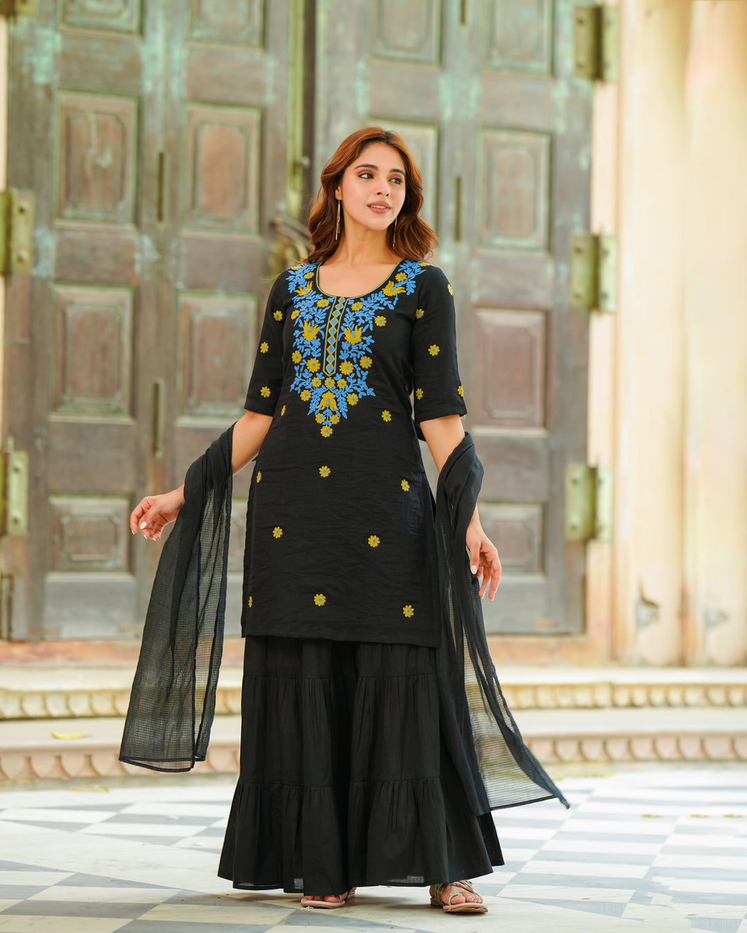 Black Embroidered Sharara Set