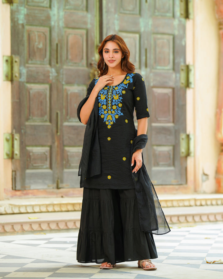 Black Embroidered Sharara Set