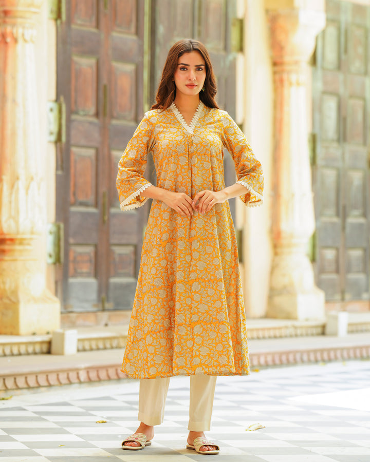 Handblock Printed Yellow Kurta Set