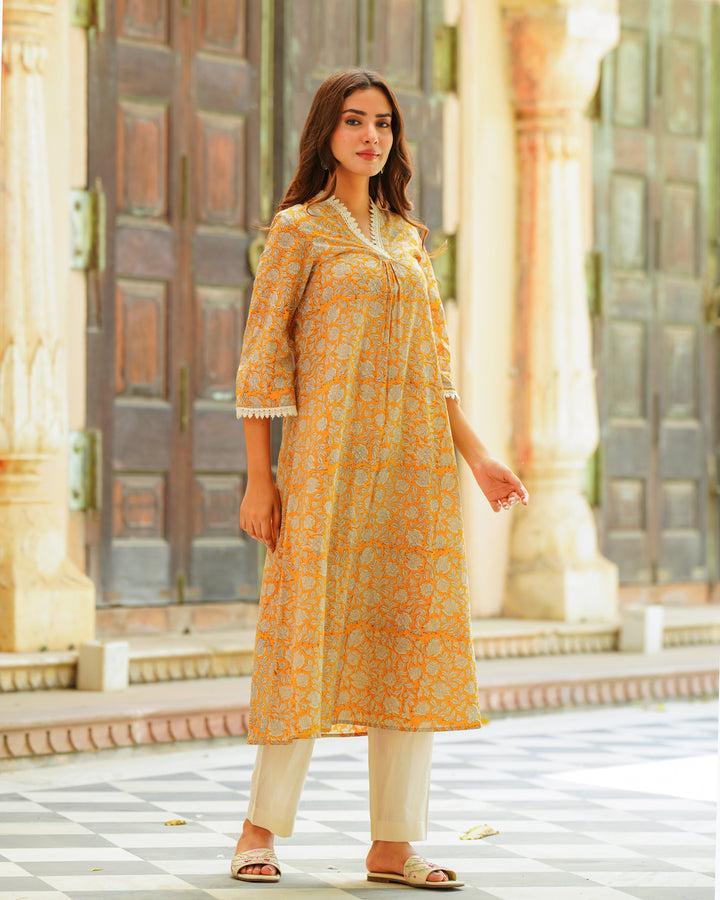 Handblock Printed Yellow Kurta Set