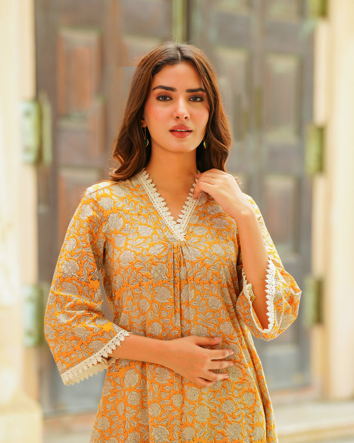 Handblock Printed Yellow Kurta Set