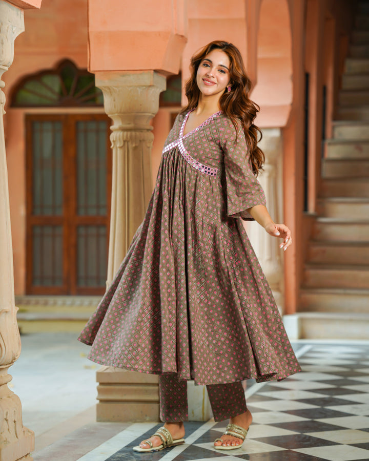 Brown Handblock Printed Kurta Set