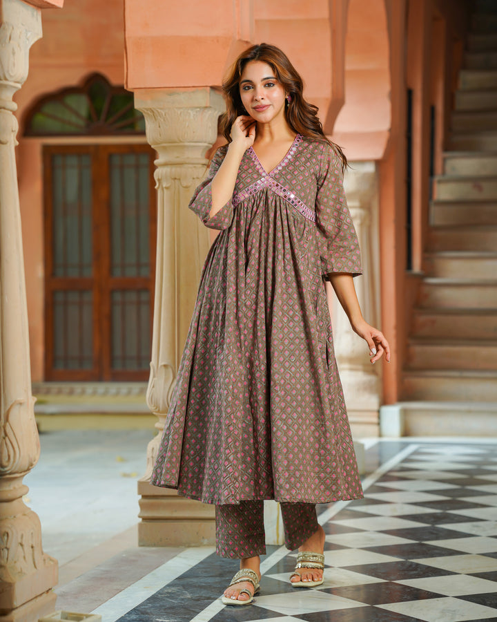 Brown Handblock Printed Kurta Set