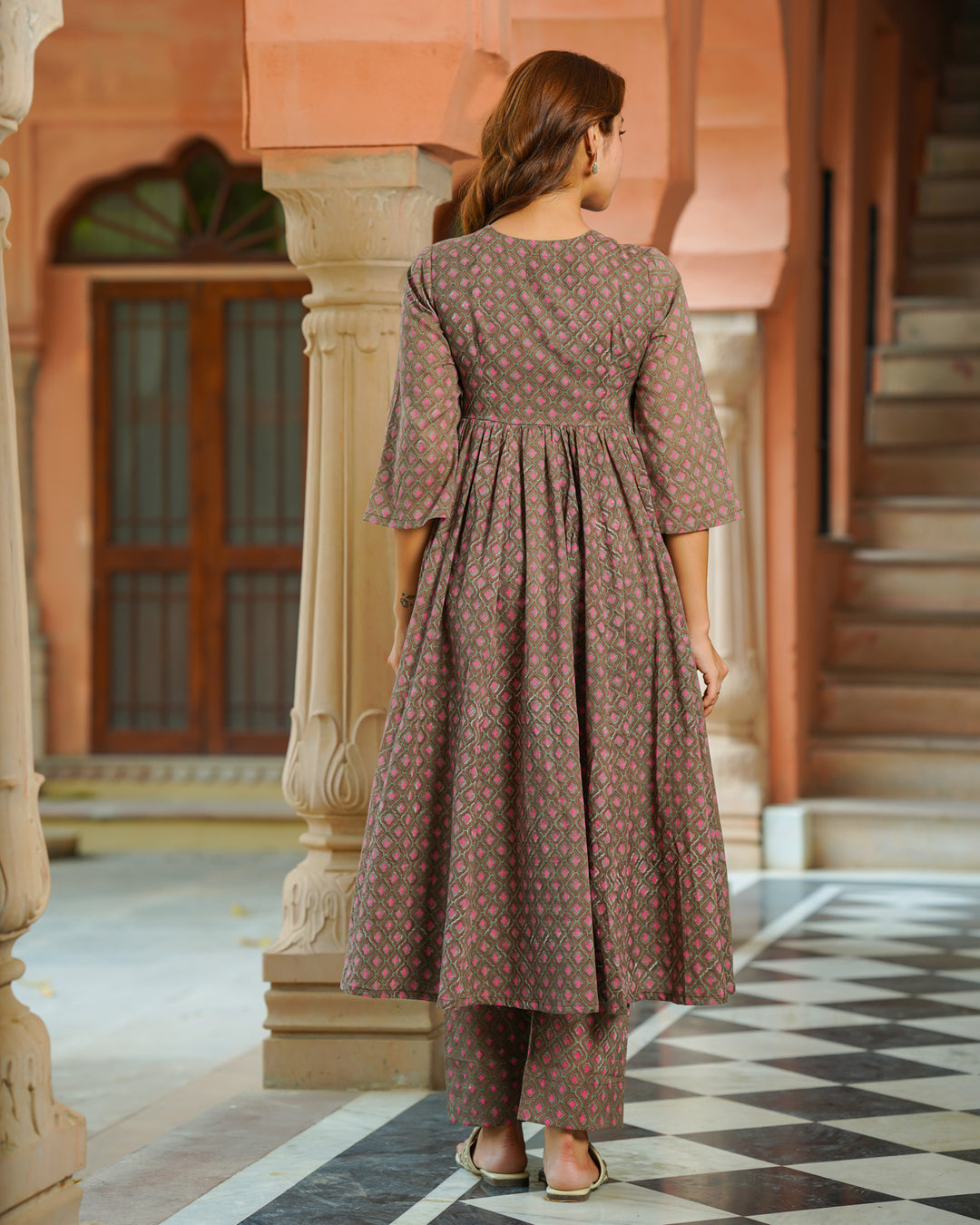 Brown Handblock Printed Kurta Set