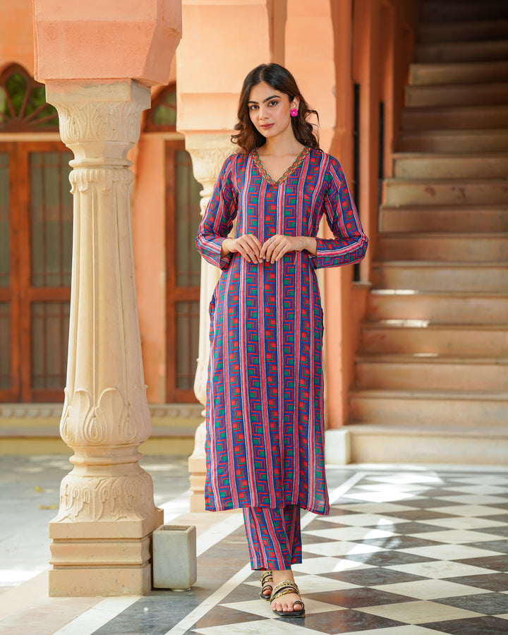 Red and Blue Abstract Kurta Set