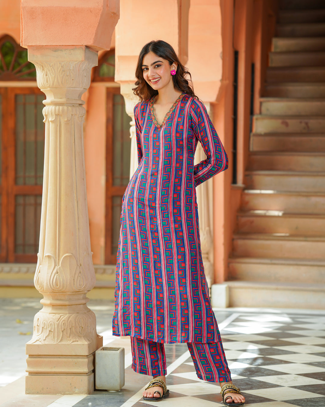 Red and Blue Abstract Kurta Set