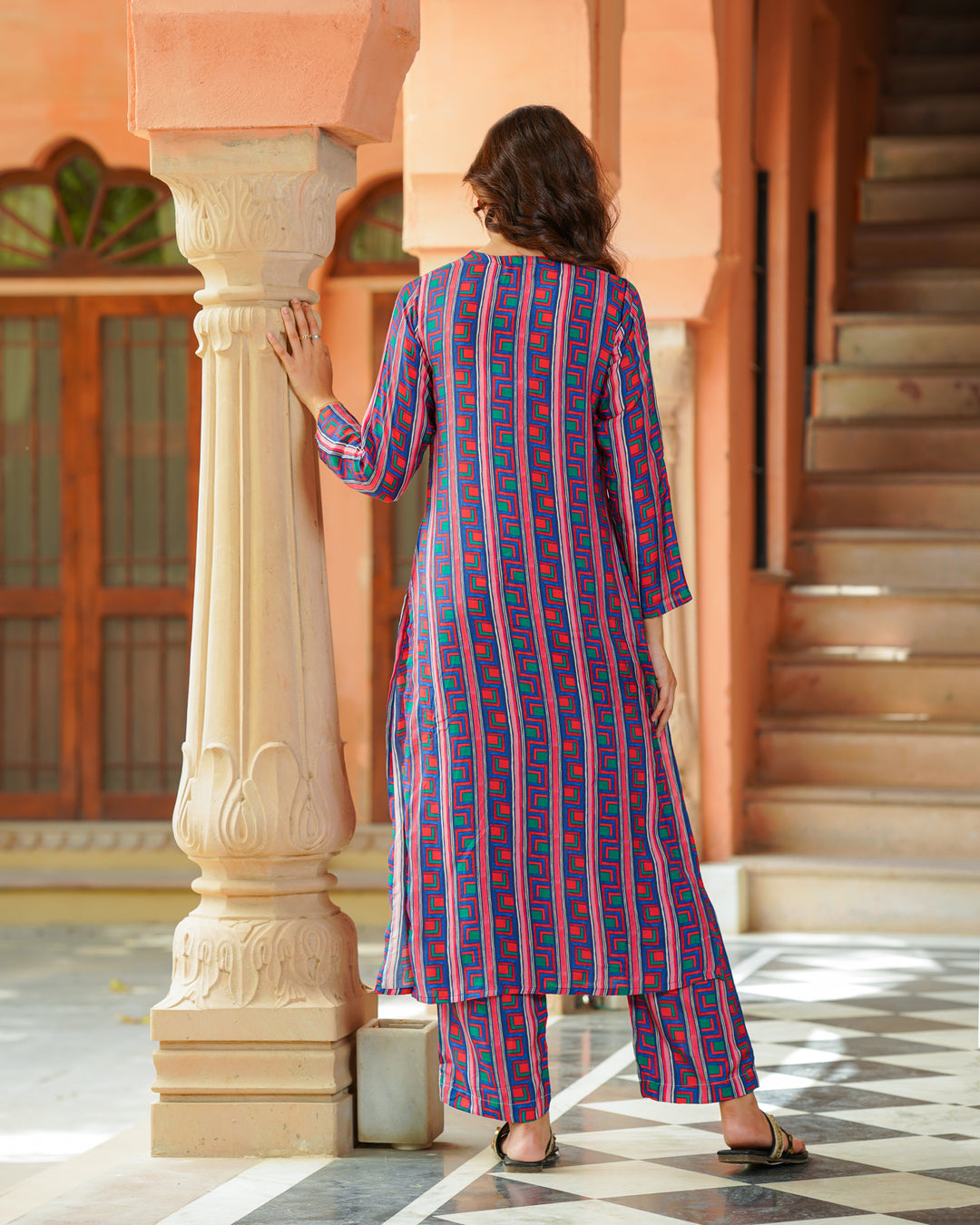 Red and Blue Abstract Kurta Set