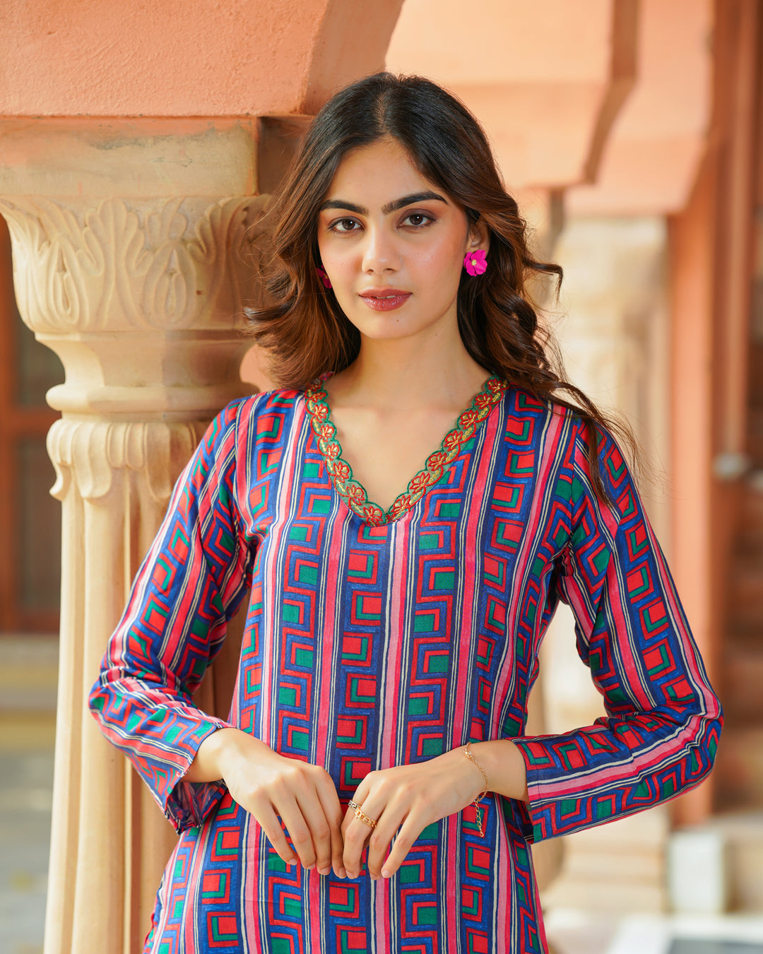 Red and Blue Abstract Kurta Set