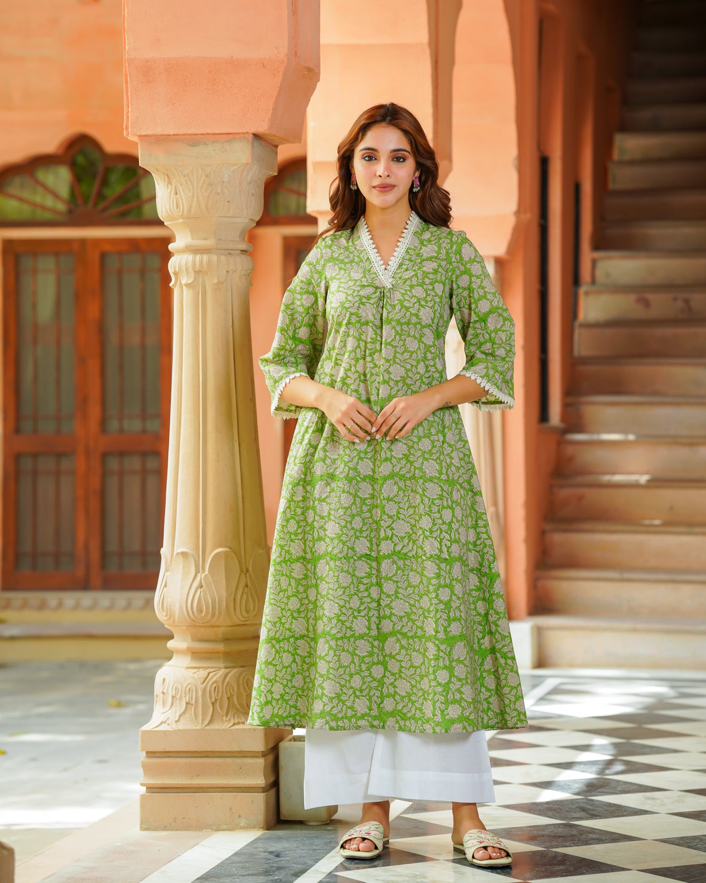 Handblock Printed Green Kurta Set