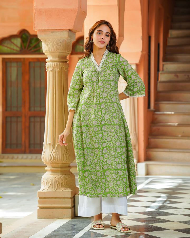 Handblock Printed Green Kurta Set