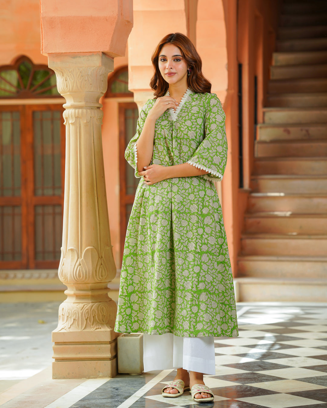 Handblock Printed Green Kurta Set