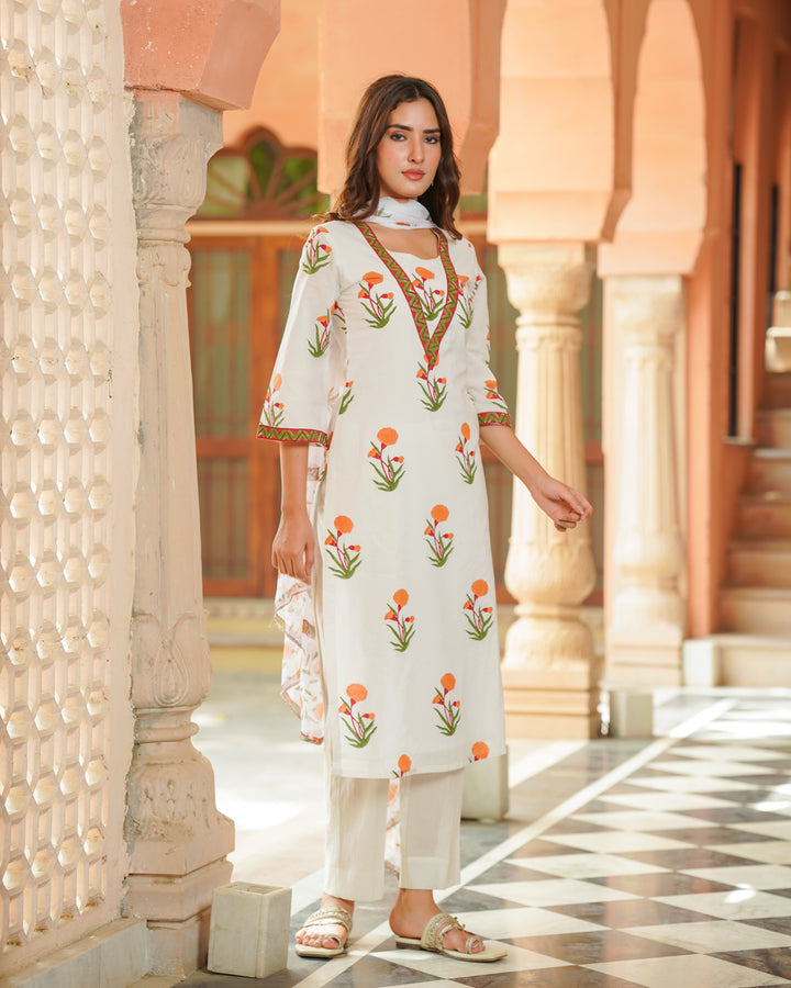 Handblock Printed White Suit Set