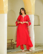 Red Kalmkari Embroidered Suit Set