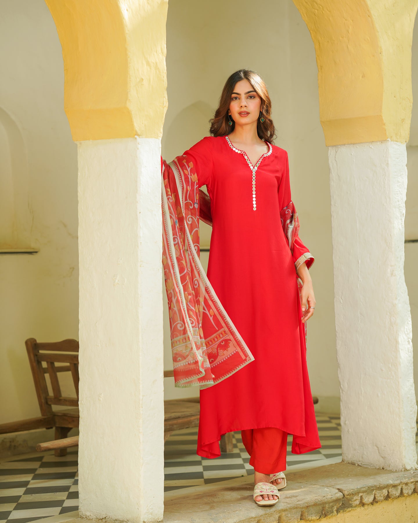 Red Kalmkari Embroidered Suit Set