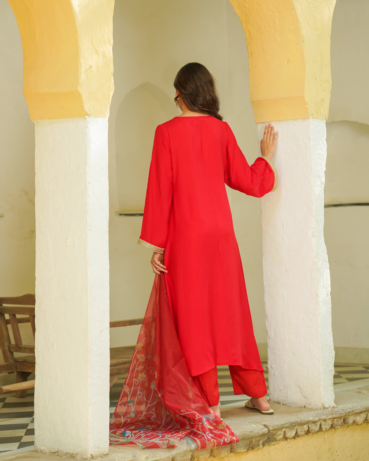 Red Kalmkari Embroidered Suit Set