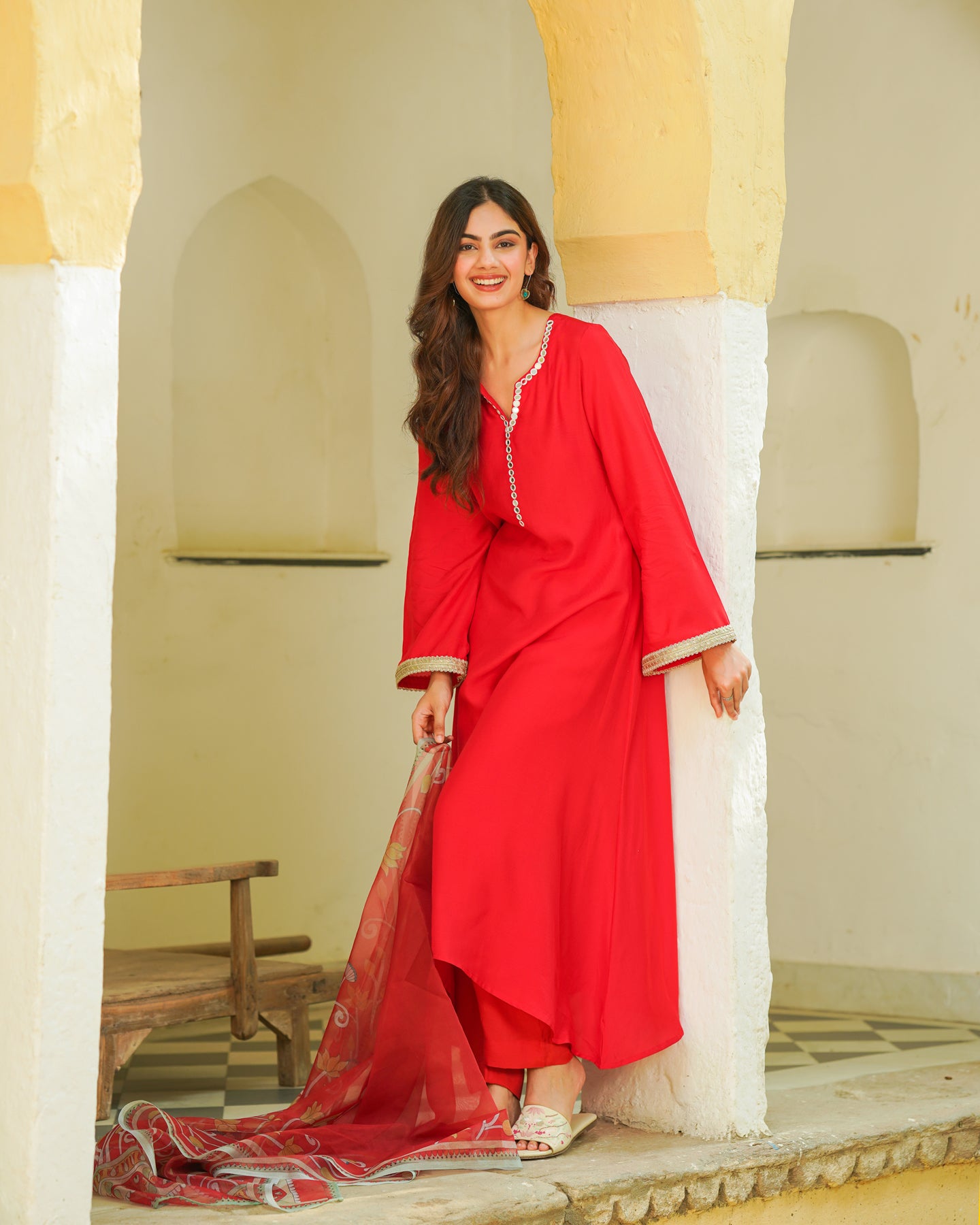 Red Kalmkari Embroidered Suit Set