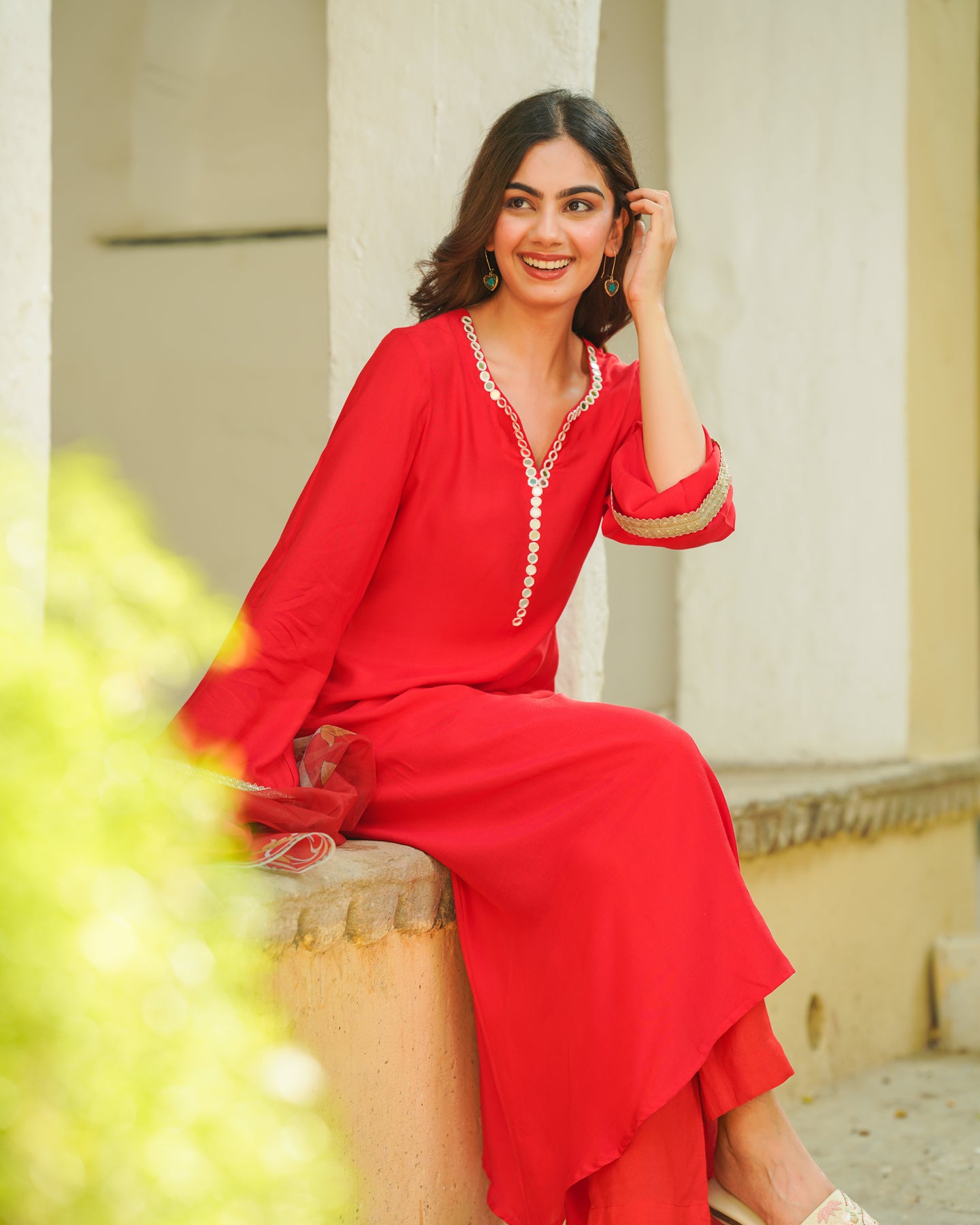 Red Kalmkari Embroidered Suit Set