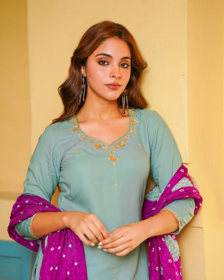 Turquoise Embroidered Suit Set