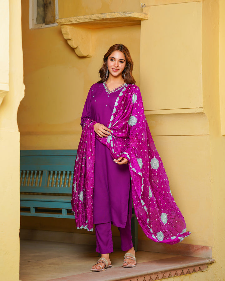 Purple Embroidered Suit Set