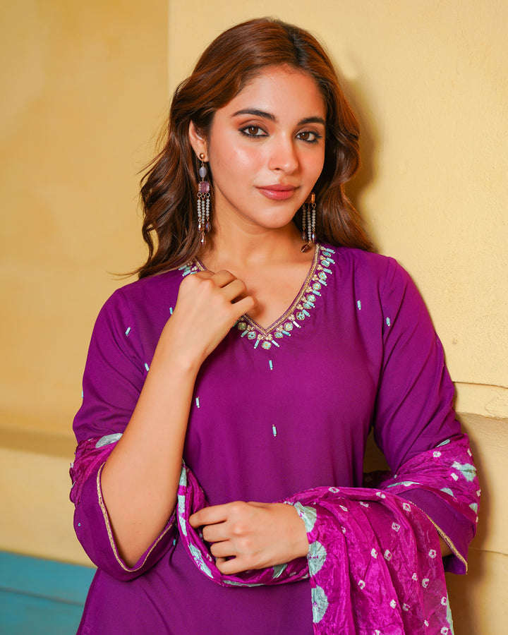 Purple Embroidered Suit Set