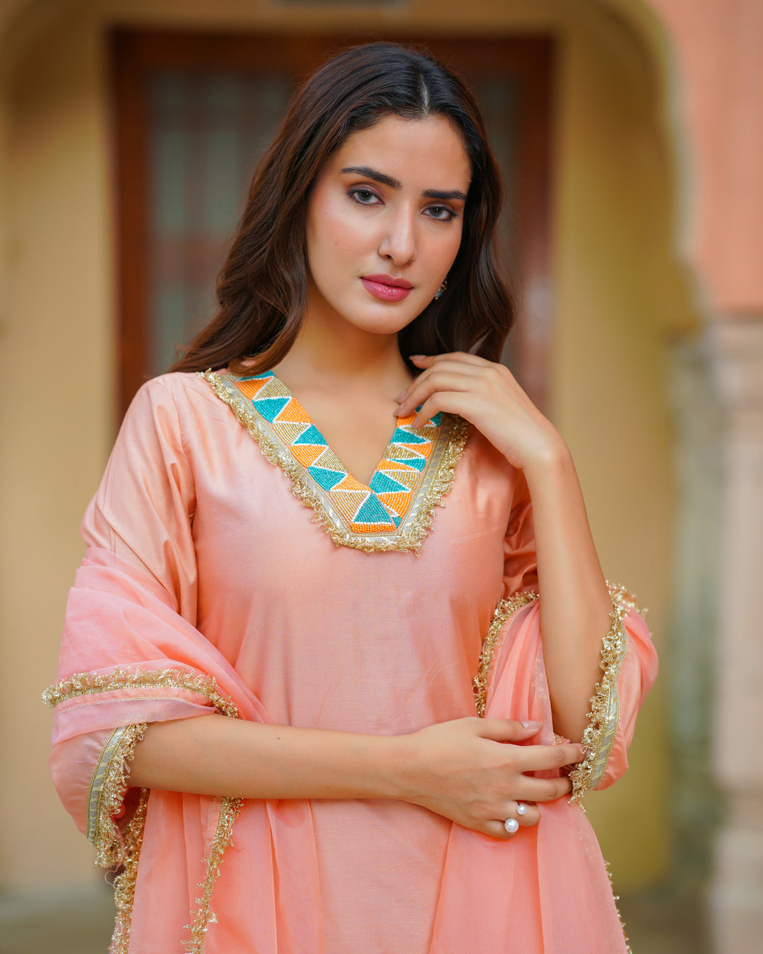 Peach Chanderi Embroidered Suit Set