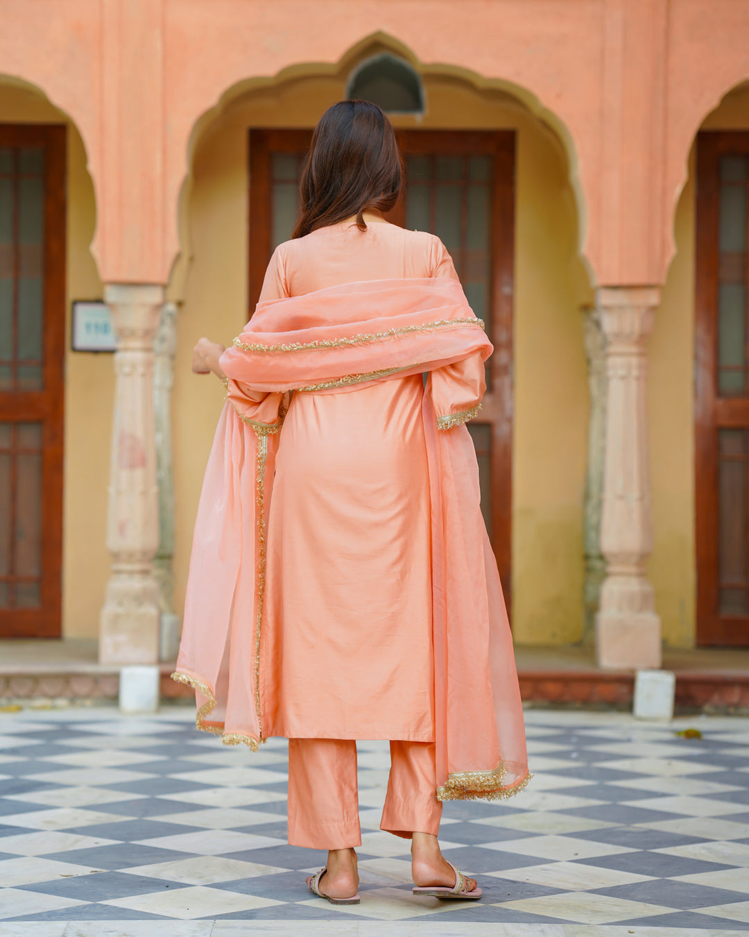 Peach Chanderi Embroidered Suit Set